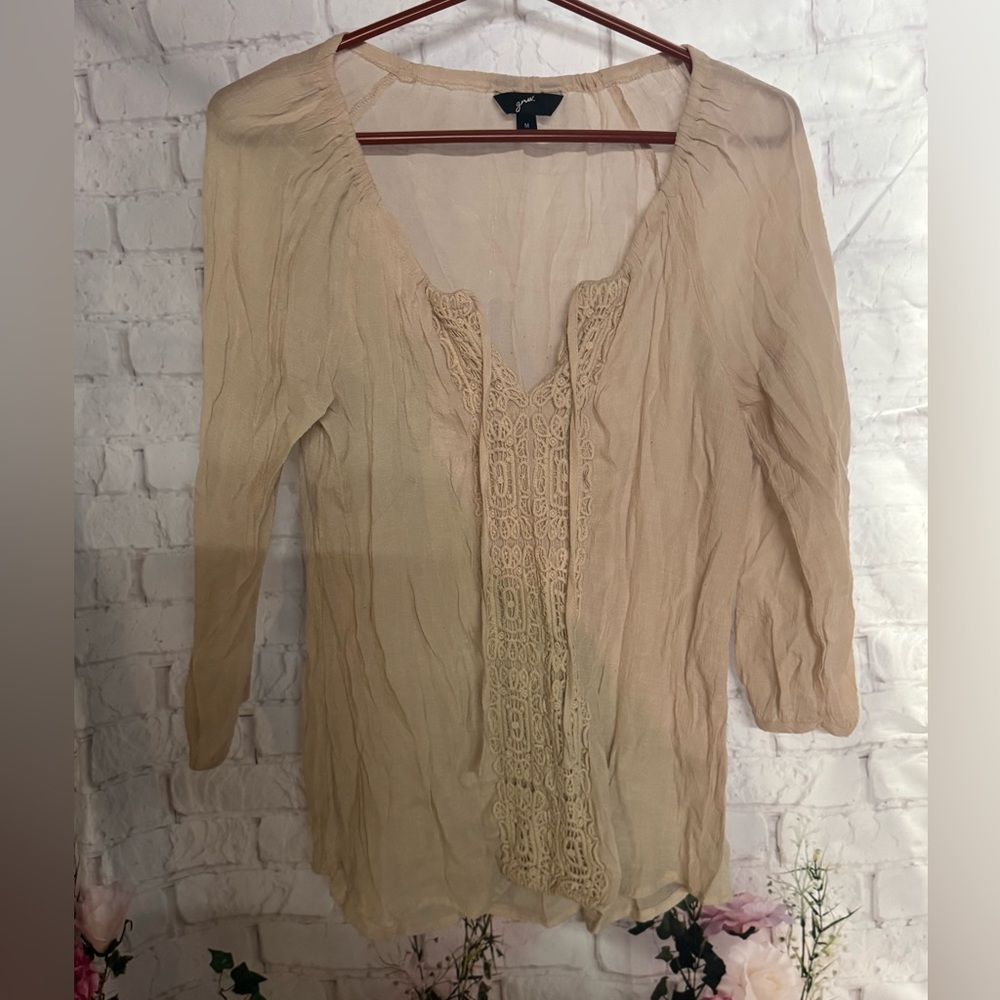 GNW Beige Lace-Trimmed Blouse